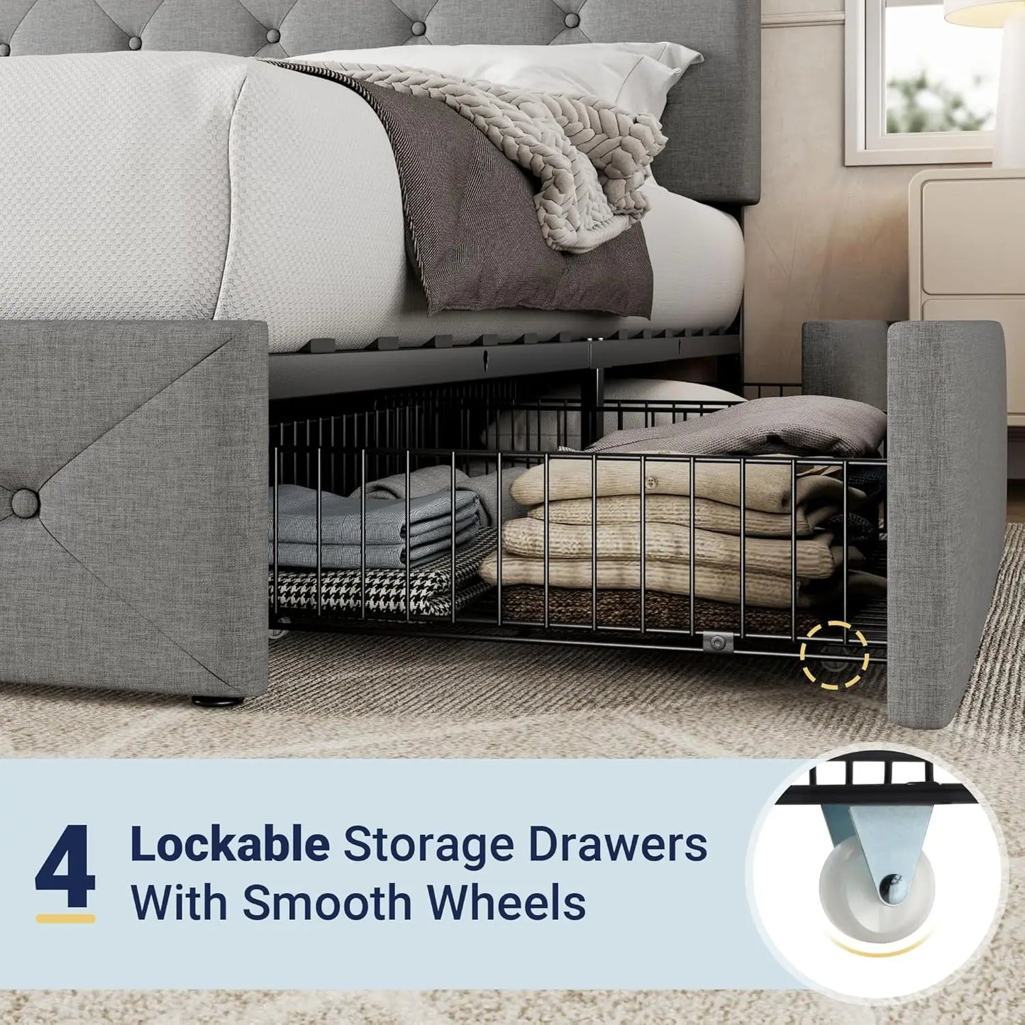 Queen Size Platform Bed Frame with Storage Drawers and Adjustable Headboard