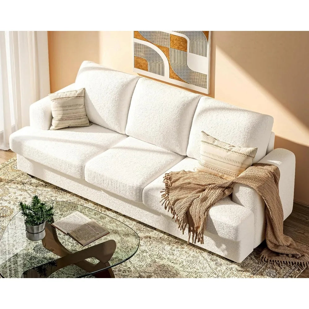 89" Bouclé Sofa Couch, Deep Seat Cloud 3 Seater Sofa with Storage & Wood Frame