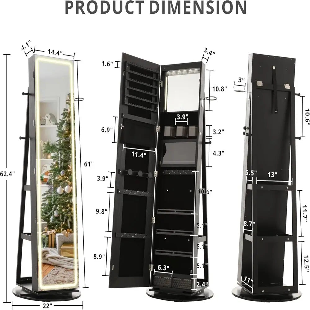Ljustra LED Mirror Jewelry Cabinet 360° Swivel Lockable Armoire
