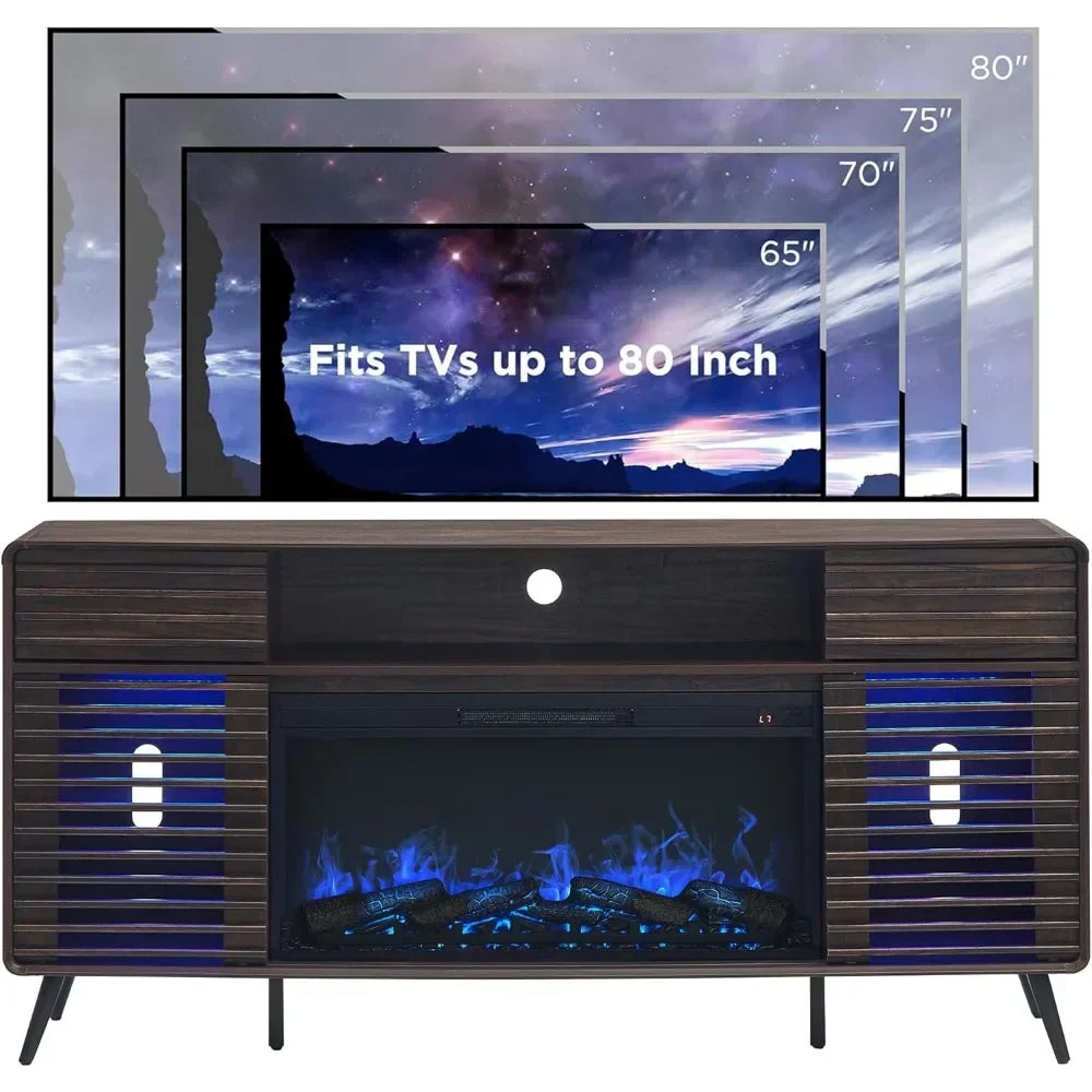 Fireplace TV Stand for 80 Inch TV Mid Century Modern Entertainment Center