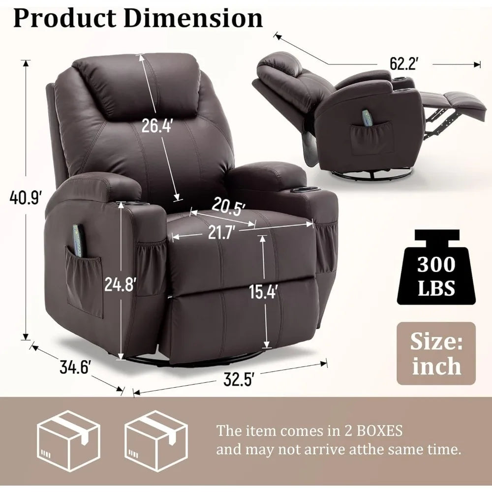 Rocker Recliner Chair with Massage and Heat 360° Swivel Cup Holder