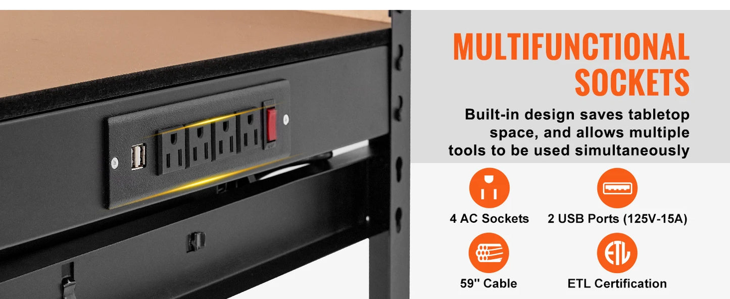 Ljustra 220lbs Workbench A3 Steel Garage Work Bench with USB Ports Hooks