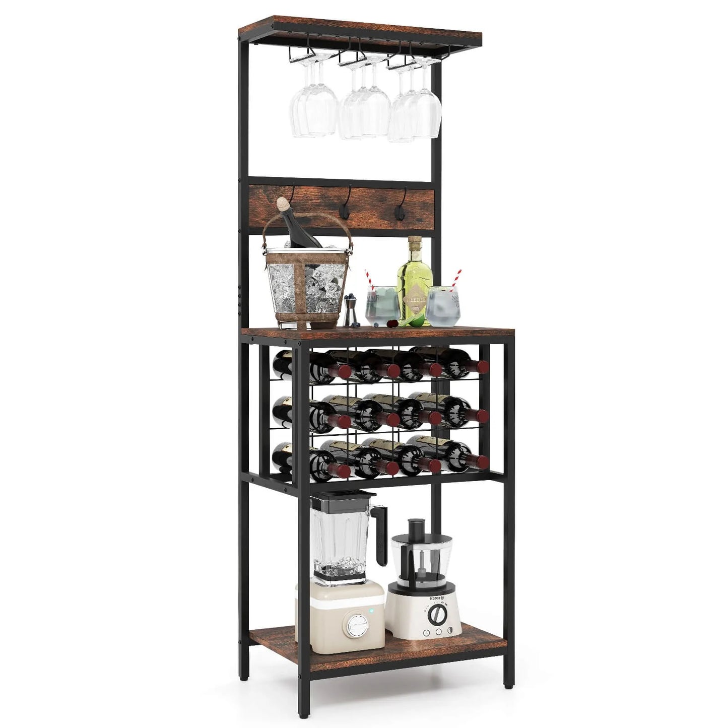 Freestanding Wine Rack Countertop Shelf with Glass Holder Storage