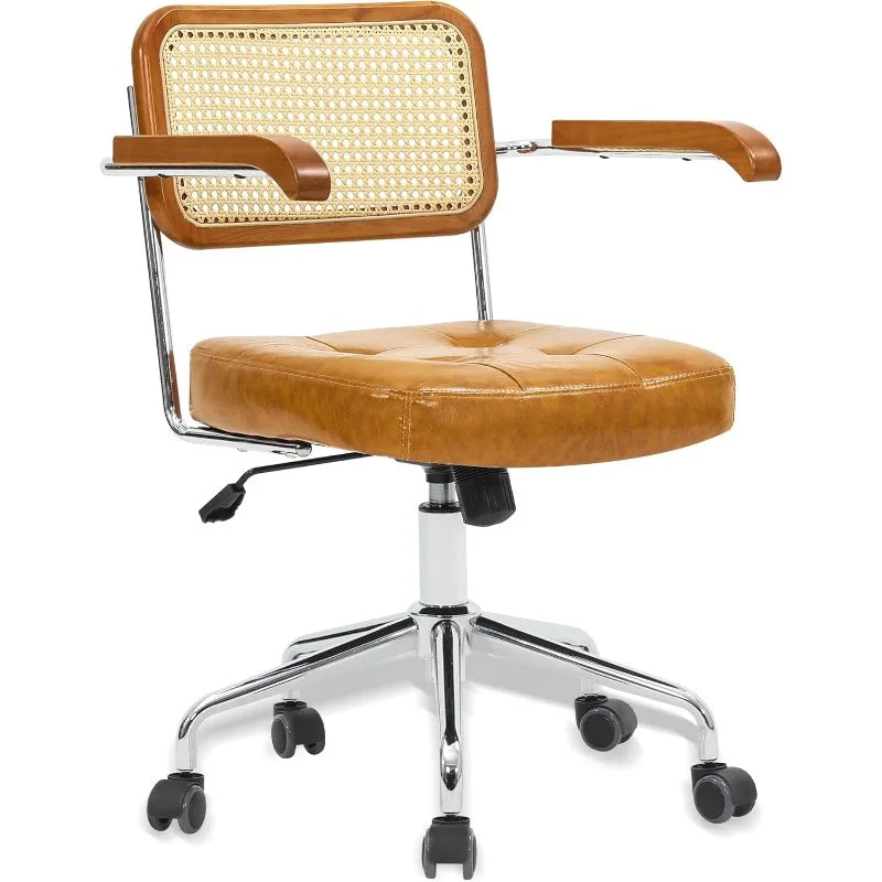 Mid Century Modern Rattan Back Desk Chair Adjustable Swivel Wheels