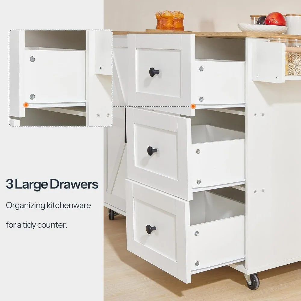 Kitchen Island with Power Outlet Rolling Cart Storage 3 Drawers Adjustable