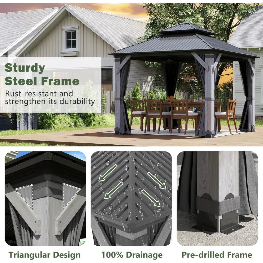 8.5ft Cedar Wood Hardtop Gazebo Double Roof Outdoor Pavilion