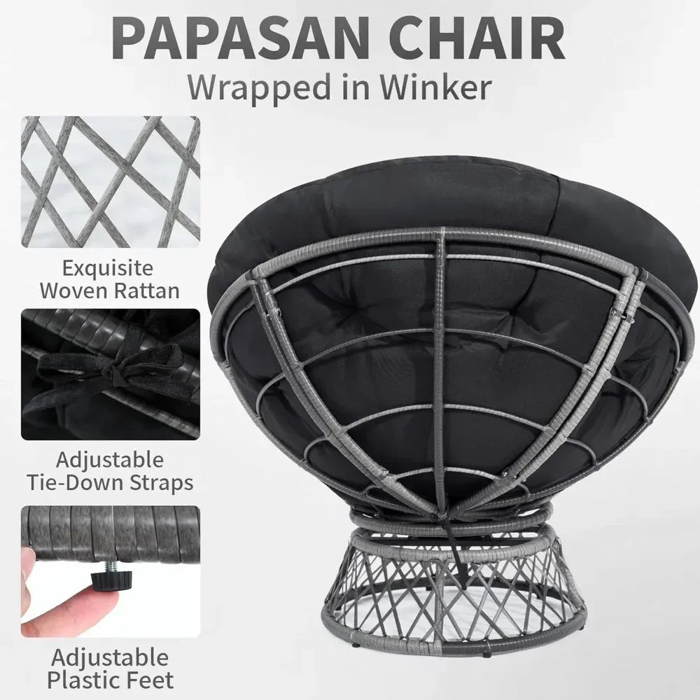 Oversized Rattan Papasan Chair 360° Swivel Waterproof Cushion