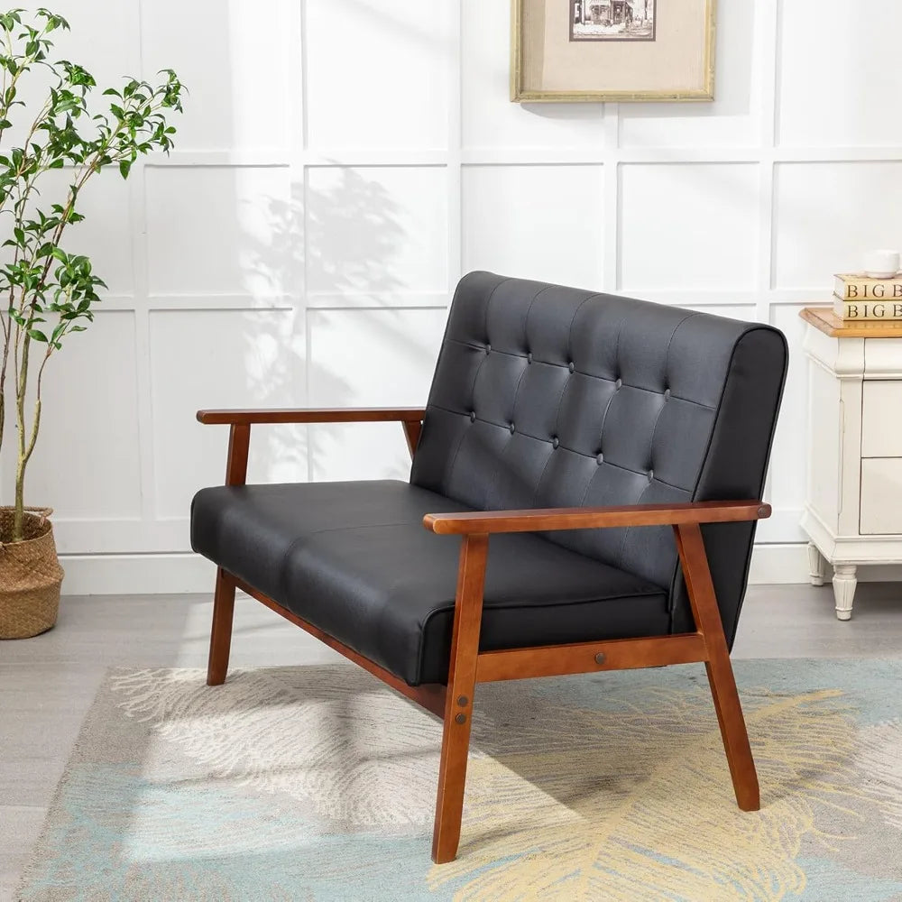 Mid-Century Faux Leather 2-Seater Loveseat Sofa Black Wood Frame Couch Apartment