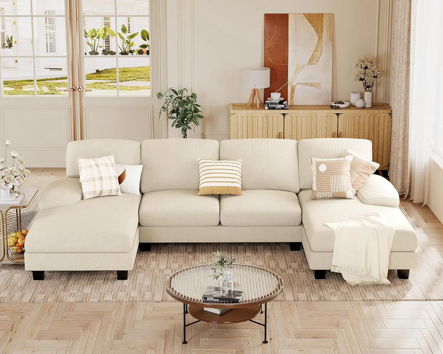 Ljustra U Shaped Sectional Couch Modern Chenille Fabric Sofa 4 Seat