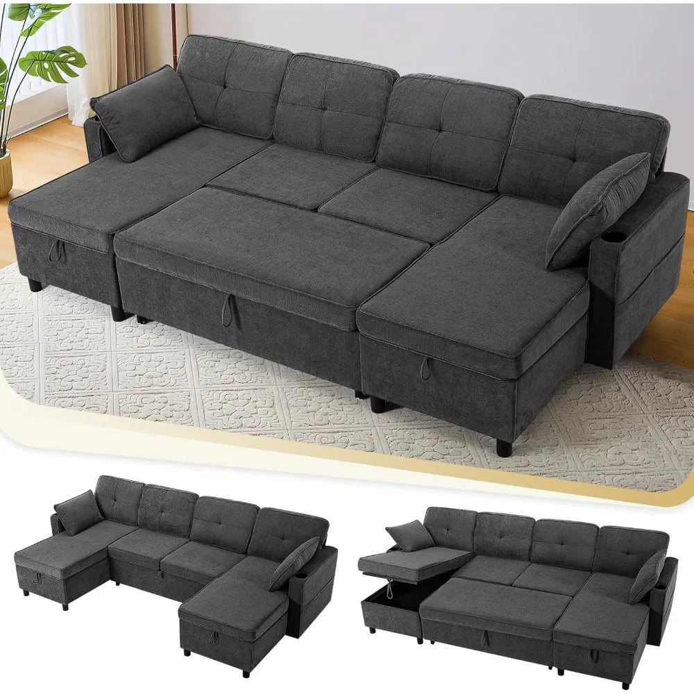 Ljustra Modern Chenille Sectional Sofa, U-Shaped, Pull Out Bed, Adjustable Back, Storage Chaises