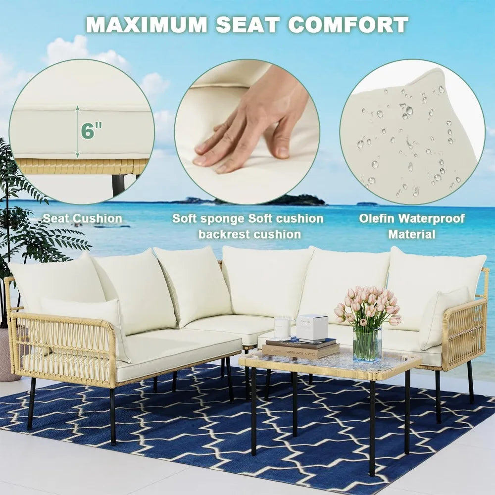 4-Piece Outdoor Wicker Patio Furniture Set with Cushions & Coffee Table – Boho L-Shaped Sectional