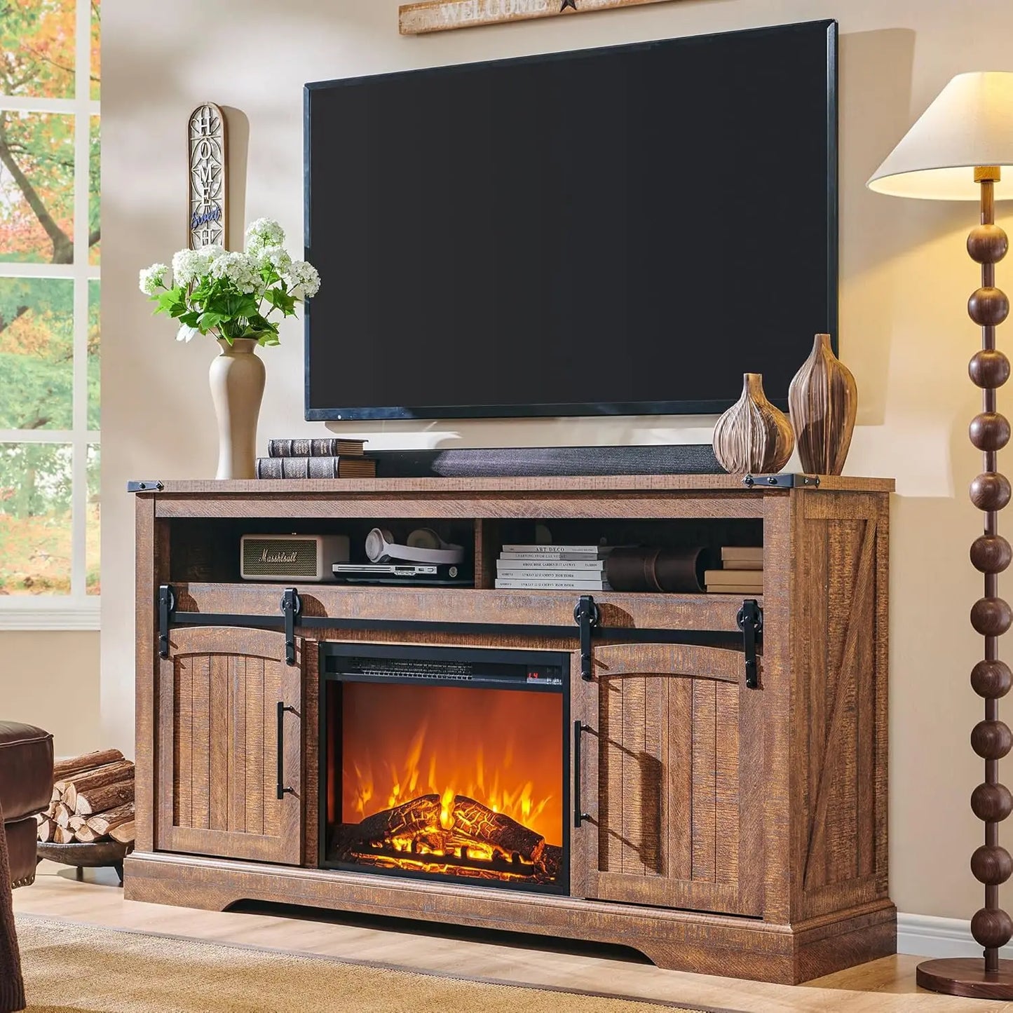 Farmhouse Fireplace TV Stand for 70 Inch TV Highboy Entertainment Center