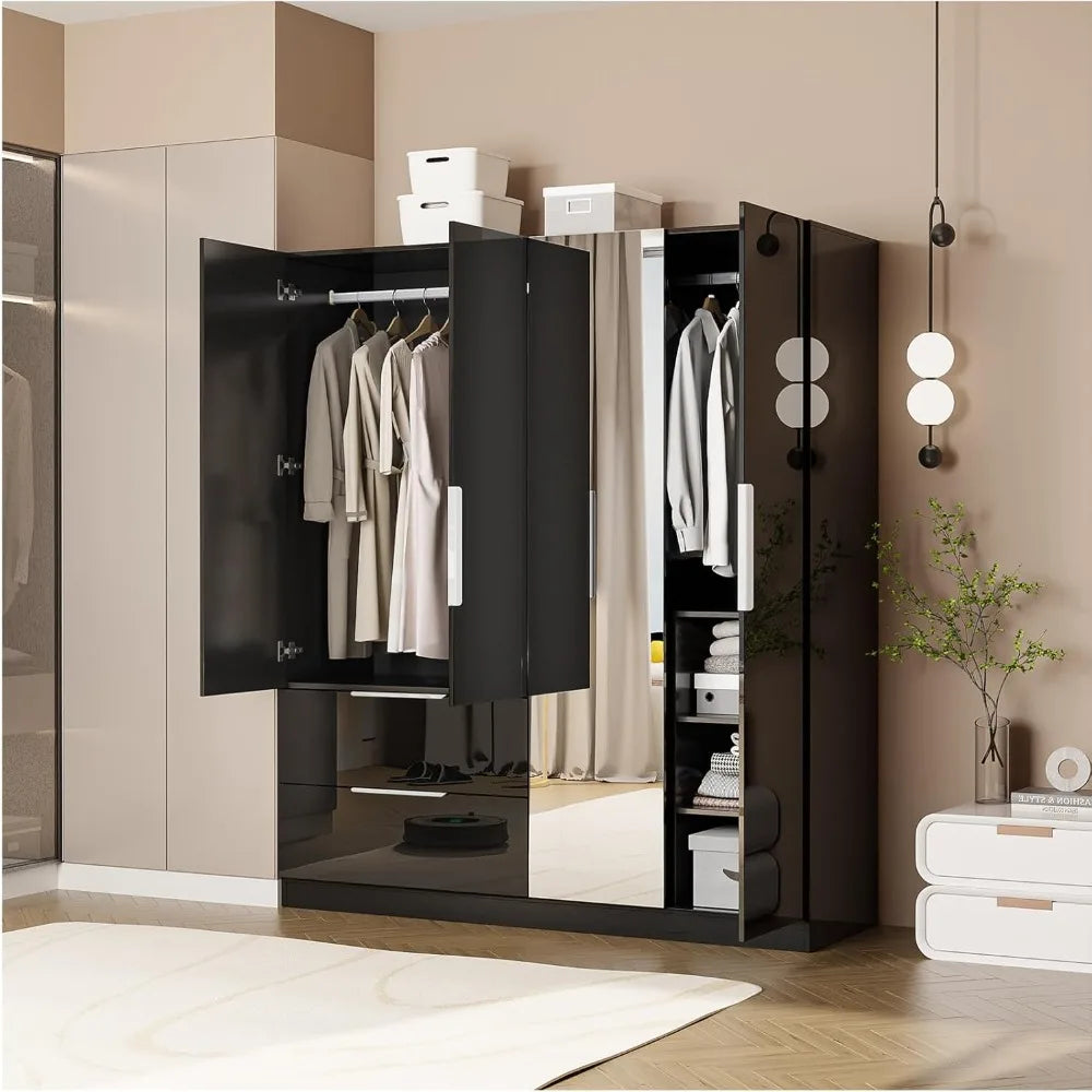 Modern 63" Wardrobe Closet with Mirror 4 Doors Armoire Cabinet Storage