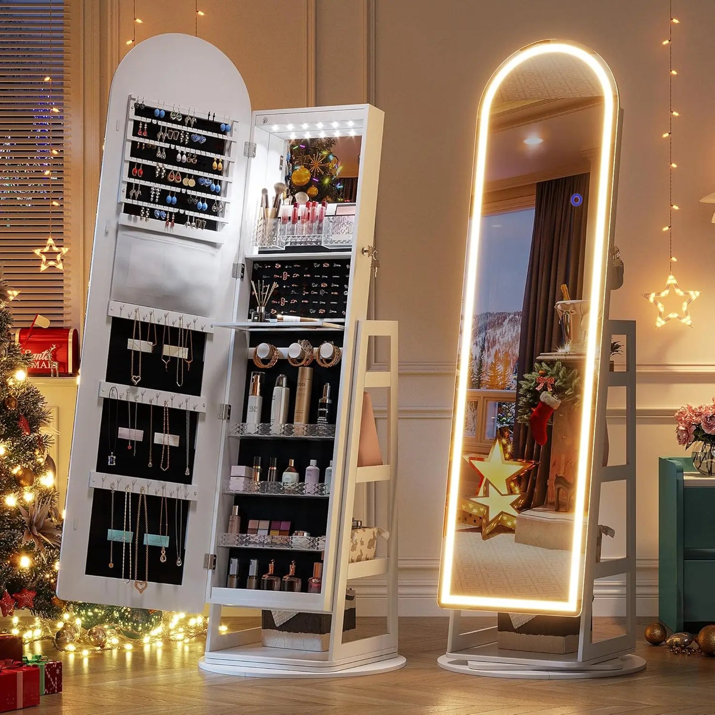 LED Mirror Jewelry Cabinet Lockable Standing Armoire with Adjustable Lights