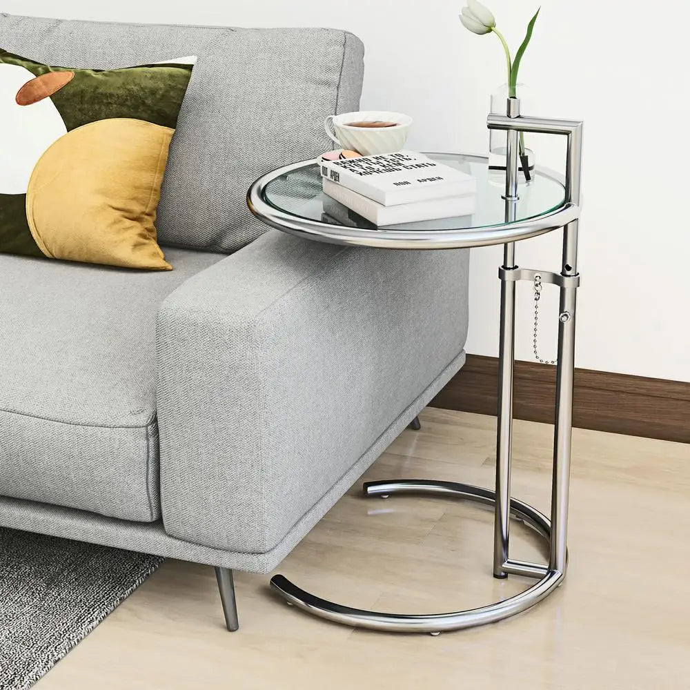 Modern Adjustable Chrome-Plated Glass Coffee Table Side End Table
