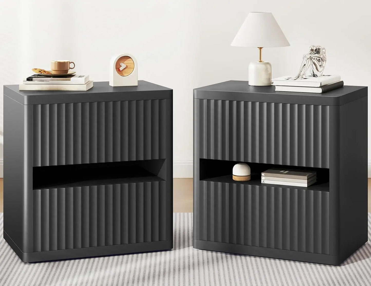 Ljustra Fluted Nightstand 2 Drawers Modern Mid-Century Storage Table