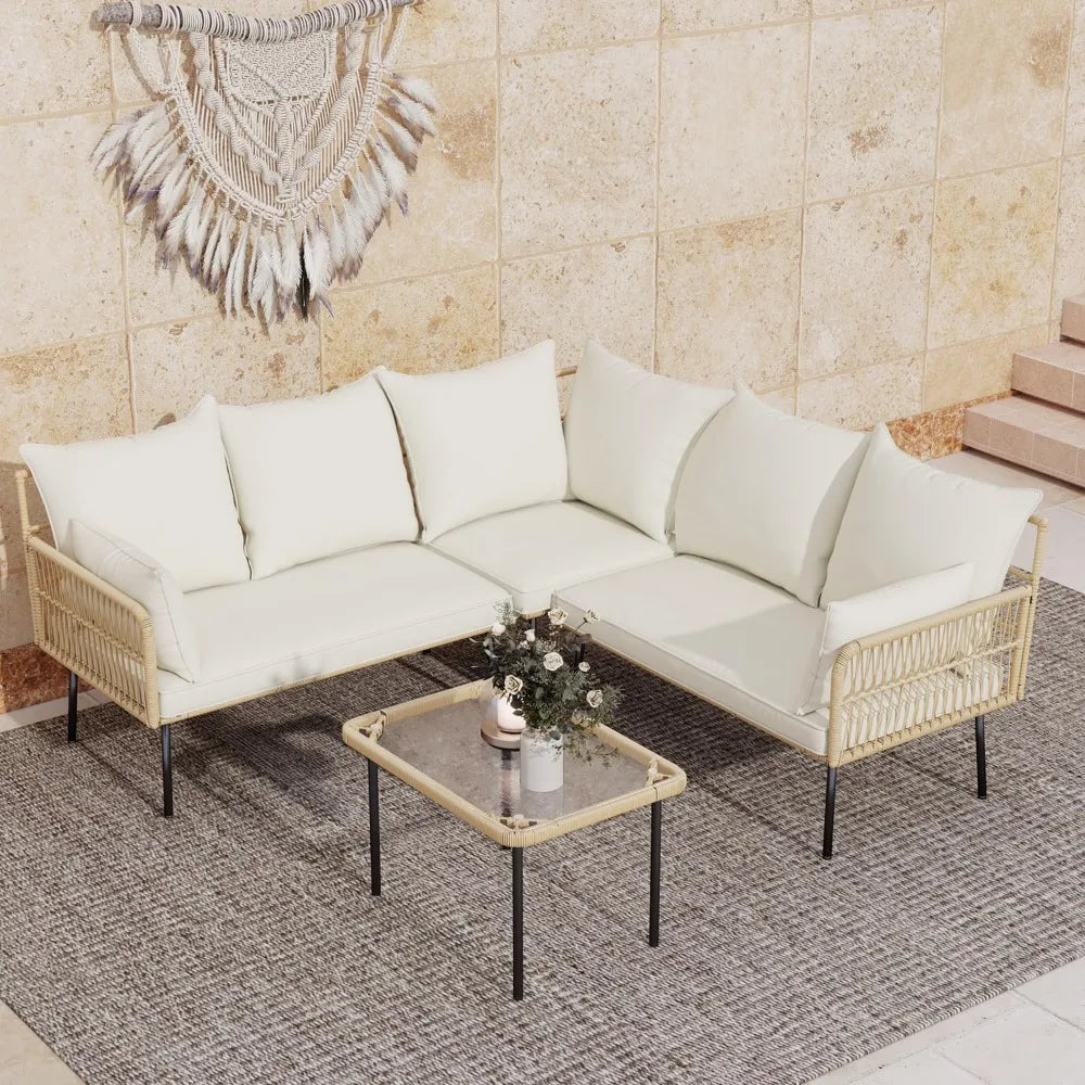 4-Piece Outdoor Wicker Patio Furniture Set with Cushions & Coffee Table – Boho L-Shaped Sectional