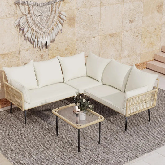 4-Piece Outdoor Wicker Patio Furniture Set with Cushions & Coffee Table – Boho L-Shaped Sectional