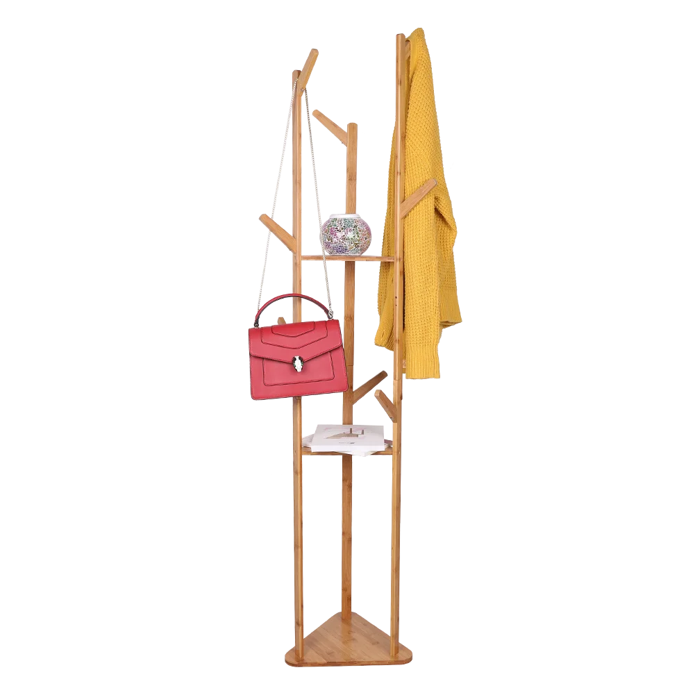 Bamboo Coat Rack Tree with 9 Hooks and 3-Layer Shelf Stand for Home