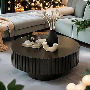 Round Fluted Coffee Table Modern Handcrafted Drum Table Low Profile