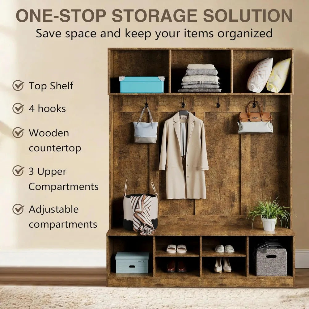 Home Hall Tree Entryway Bench Shoe Storage Coat Rack Organizer