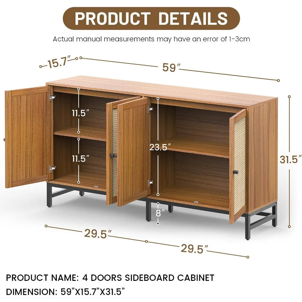 Rattan Sideboard Buffet Cabinet 59" Mid Century Modern Storage Console