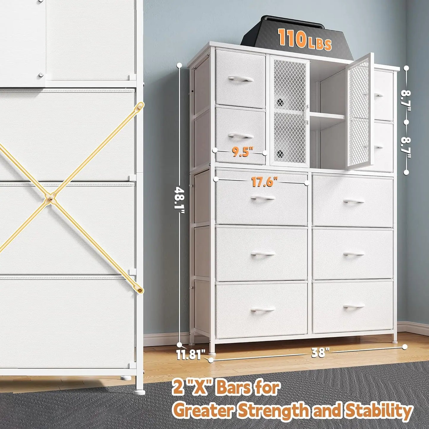 White Dresser Bedroom Organizer Tall Chest with 10 Fabric Drawers