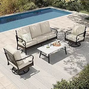 4-Piece Patio Furniture Set Rattan Rocking Chairs Sofa Marble Table