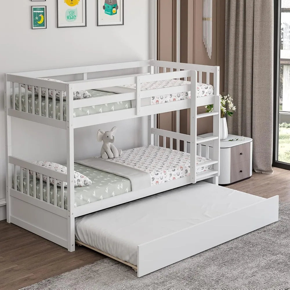 Twin Over Twin Bunk Bed with Trundle Solid Wood Convertible Frame