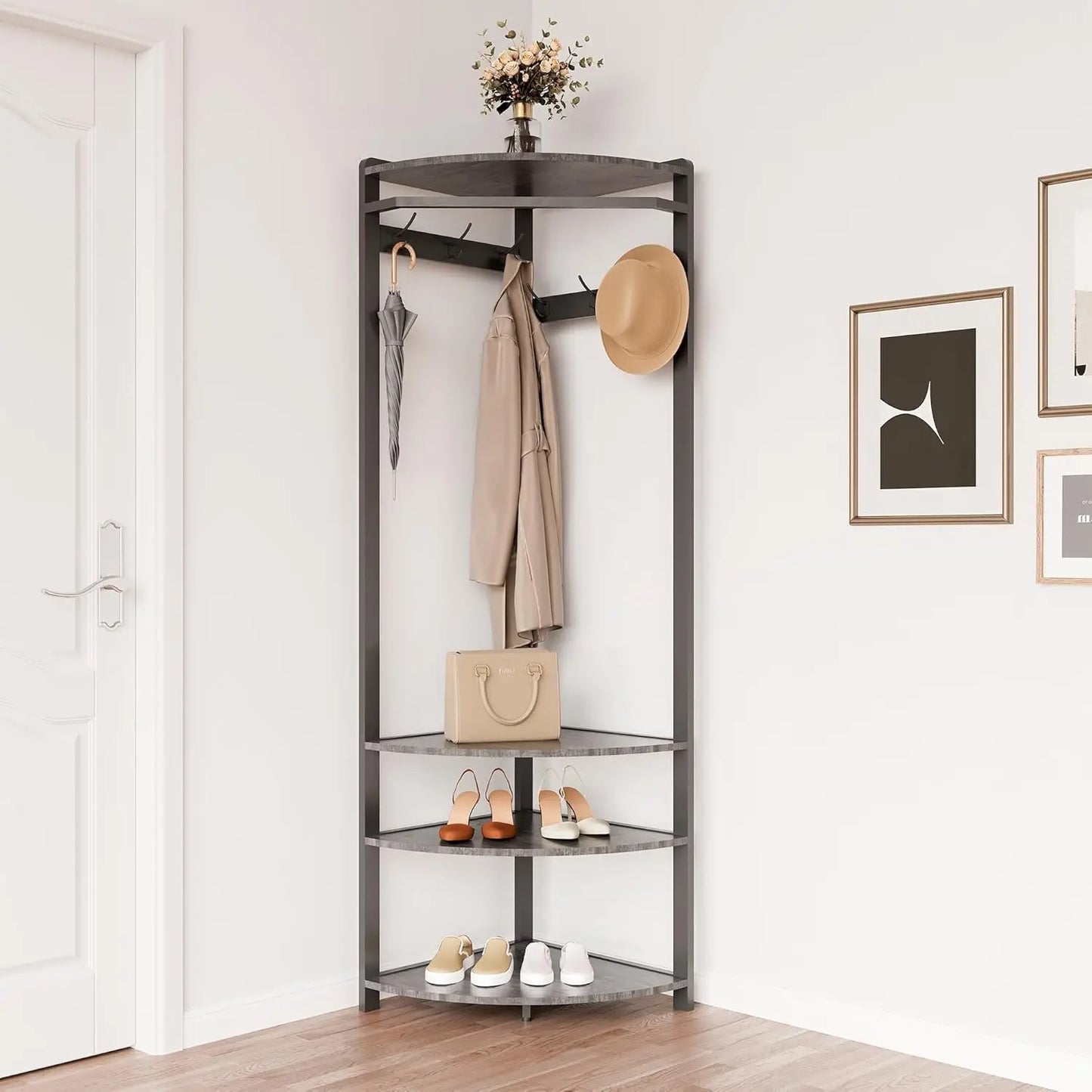 Corner Coat Rack Hall Tree with 6 Hooks 3 Shelves Entryway Storage