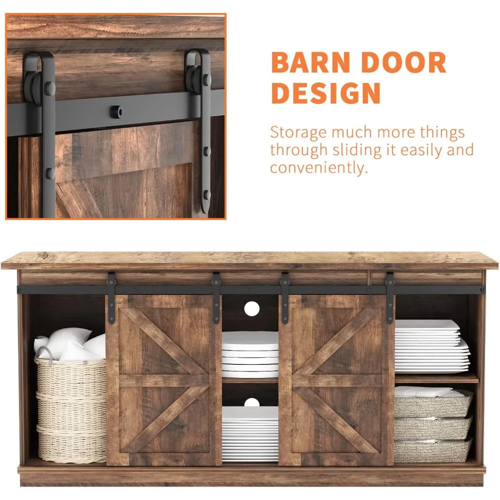 TV Stand for 65 Inch TVs with Sliding Barn Doors and Storage Cabinets