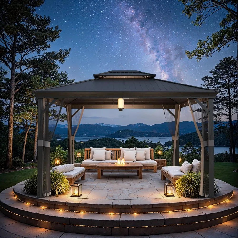 Sturdy 10x12 Aluminum Frame Gazebo with Steel Roof and Mosquito Netting