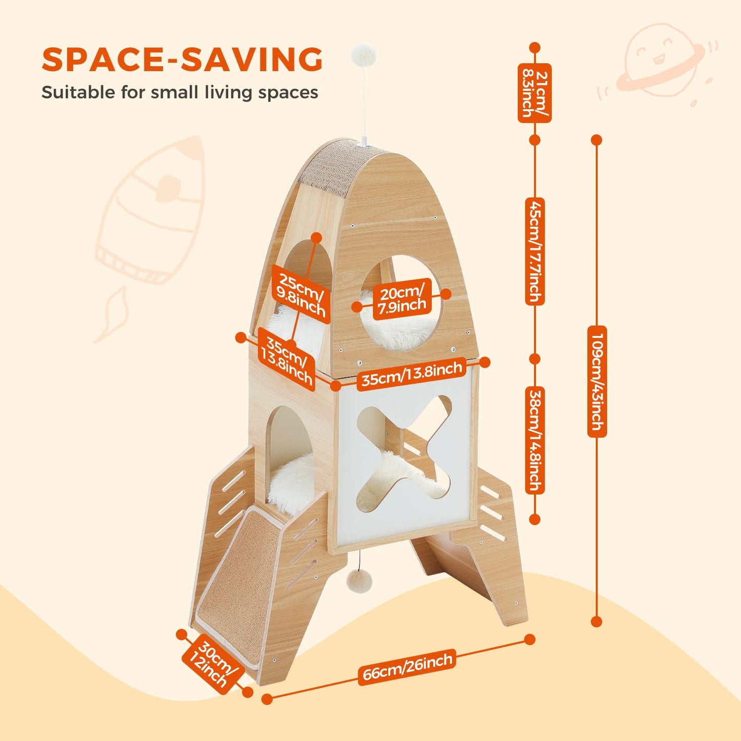 Modern Cat Tree Rocket Shape Wooden Indoor Cat Tower with Playhouse