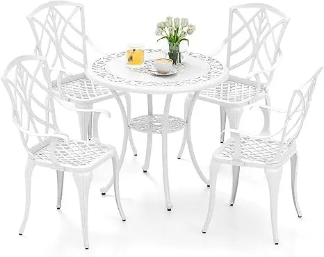 5 Pieces Cast Aluminum Outdoor Dining Set Round Table with Umbrella Hole