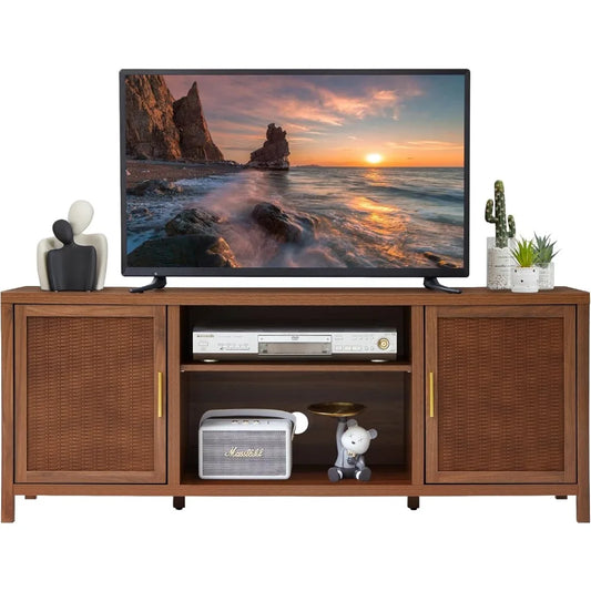 Mid Century Modern TV Stand Rattan Storage Cabinet for Living Room