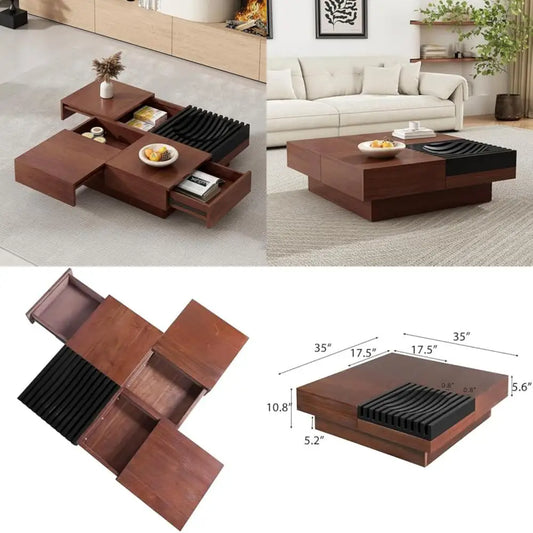 Vintage Acacia Wood Square Coffee Table with Sliding Top and Storage