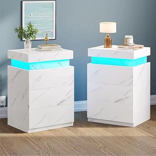 LED Nightstands Set of 2 with Charging Station and Sliding Top