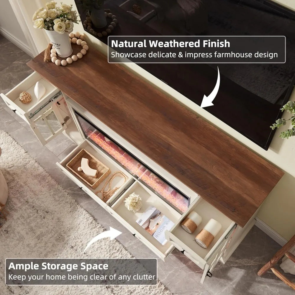 Fireplace TV Stand for 80 Inch TV Farmhouse Entertainment Center LED Lights