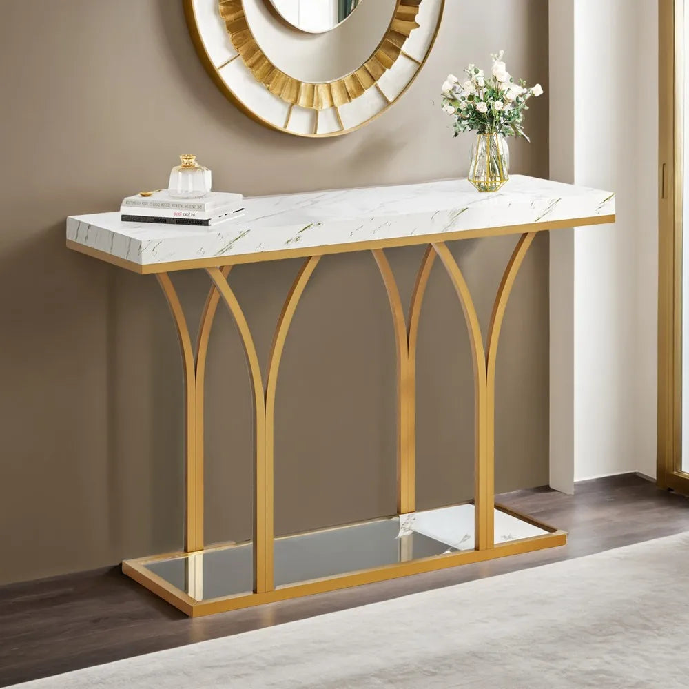 Gold Entryway Console Table with LED Lights Faux Marble Top 39 Inches