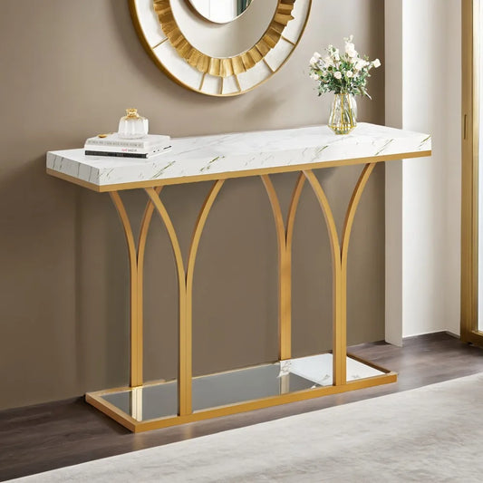 Gold Entryway Console Table with LED Lights Faux Marble Top 39 Inches
