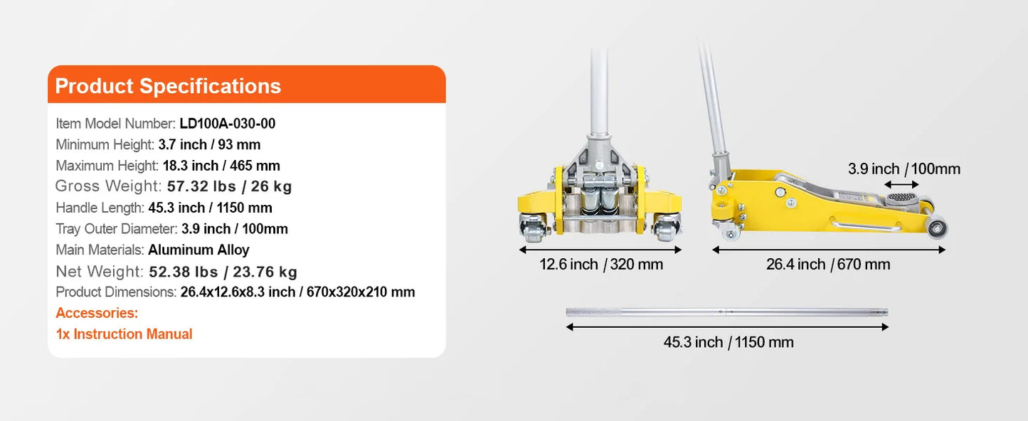 Ljustra Hydraulic Floor Jack 3 Ton Low Profile Aluminum Auto Repair Tool