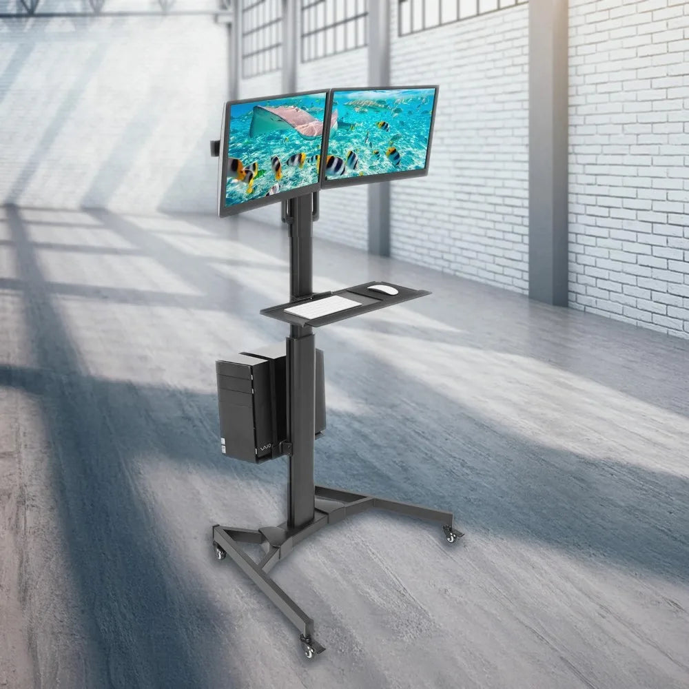 Adjustable Rolling Computer Cart Mobile Desk for Dual Monitors up to 32"