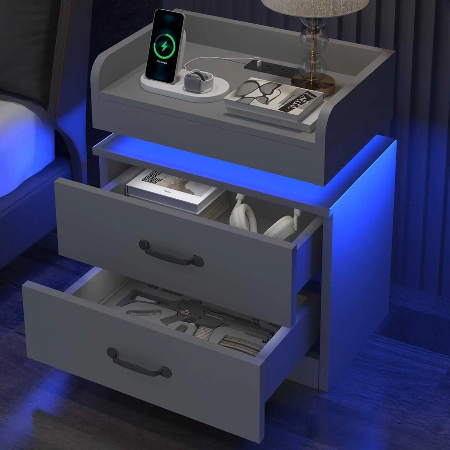 Nightstand with Charging Station LED Lights Modern End Table Set of 2