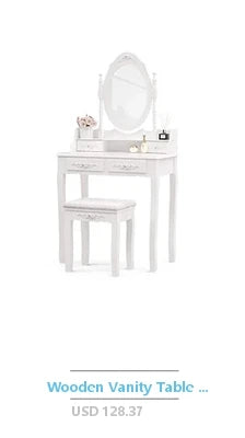 Makeup Vanity Set Writing Desk Trifold Mirror Stool Organizer Wood Retro