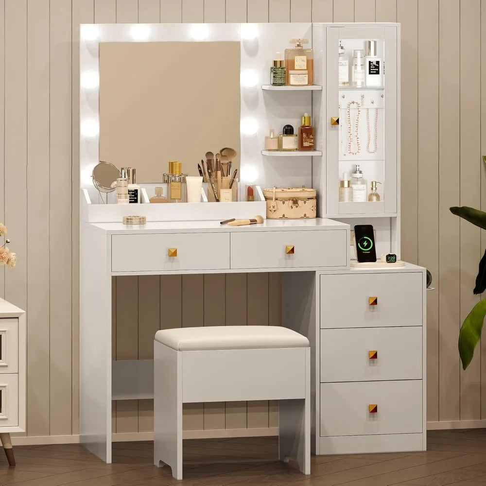 Vanity Desk with Mirror and RGB LED Lights 5 Drawers Jewelry Organizer