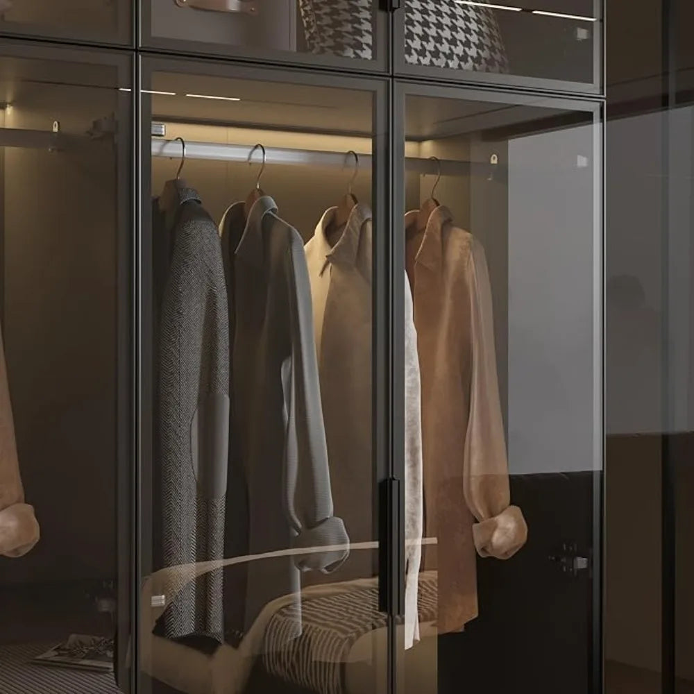 Ljustra Modern Wardrobe Cabinet with LED Light Strips Glass Doors 59.1 Inch