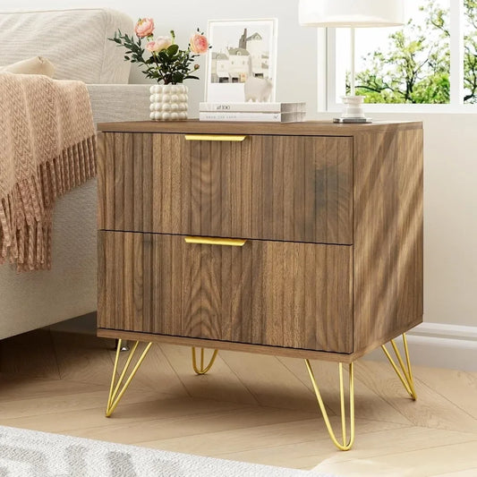 Nightstand Set of 2 Fluted Night Stand with 2 Drawers Wood Storage