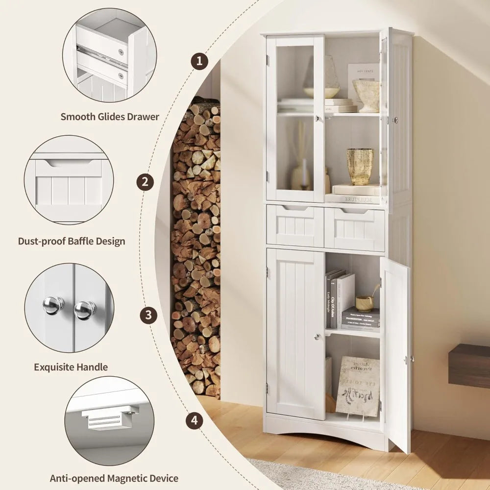 67 Inch Tall Storage Cabinet Freestanding Kitchen Pantry with Glass Doors