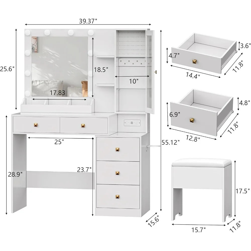 Vanity Desk with Mirror and RGB LED Lights 5 Drawers Jewelry Organizer