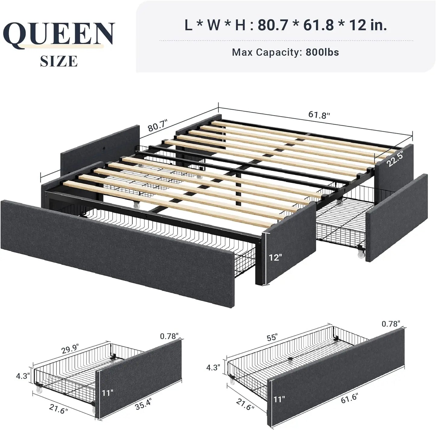 Queen Size Platform Bed Frame with 3 Storage Drawers No Box Spring